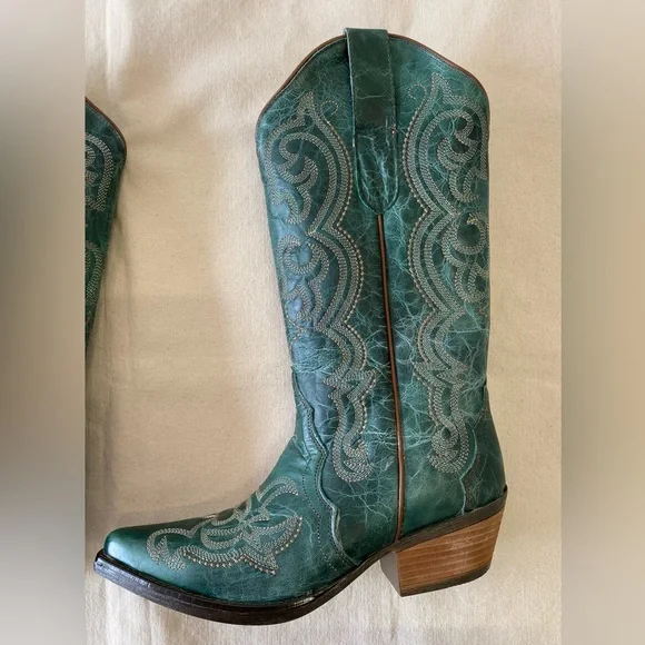 NWT Sterling River Boots Emerald Green Leather Embroidered Western Boots W11 - Picture 6 of 12